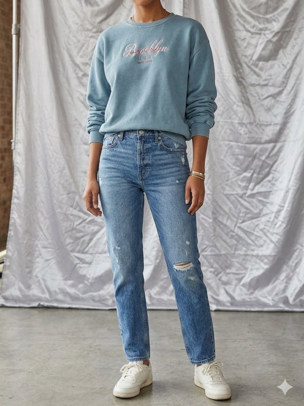 Brooklyn New York USA Womens Small Blue Acid Wash Oversized Crewneck Sweatshirt